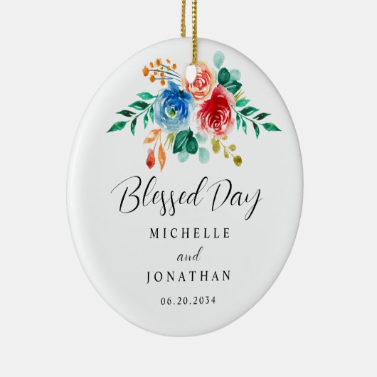 Gezegende Dag Roze Blauw Bloemen Bijbel Verse Brui Keramisch Ornament (Rechts)