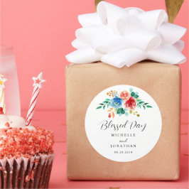 Gezegende Dag Roze Blauw Bloemen Waterverf Bruilof Ronde Sticker