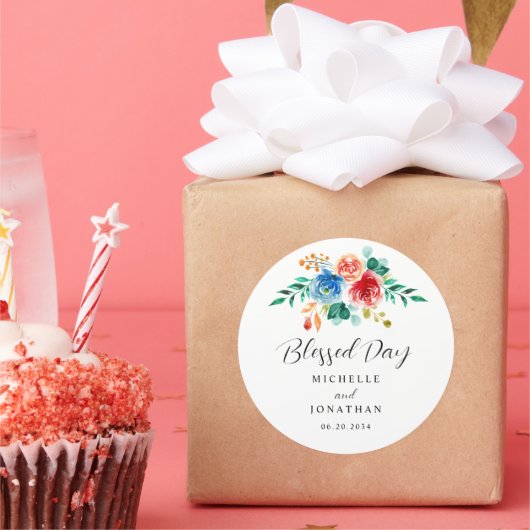 Gezegende Dag Roze Blauw Bloemen Waterverf Bruilof Ronde Sticker (Feest)