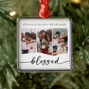 Gezegende eerste kersttrouwfoto metalen ornament