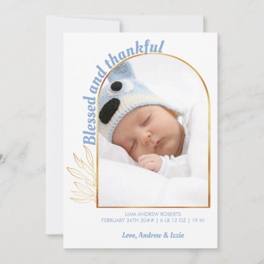 Gezegende en Thankful Gold Arch Foto Blue Birth Aankondiging (Voorkant)