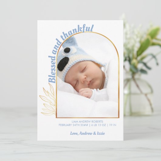Gezegende en Thankful Gold Arch Foto Blue Birth Aankondiging (Staand voorkant)
