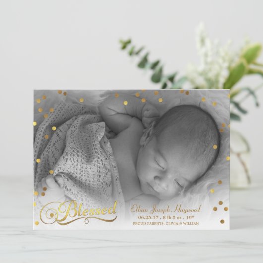 Gezegende Foto Goud Confetti Geboorteaankondiging Aankondiging (Staand voorkant)