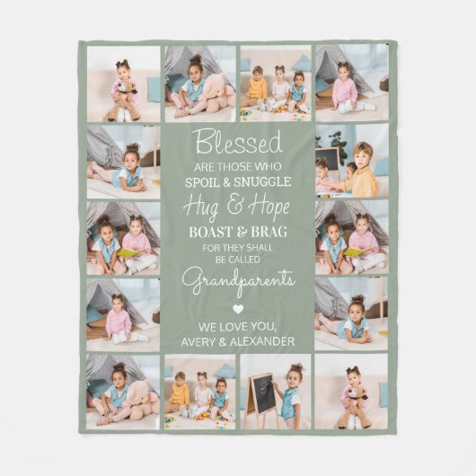 Gezegende Grootouders Custom Sage Green 14 Afbeeld Fleece Deken (Voorkant)