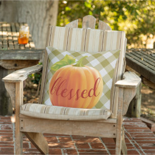 Gezegende Herfst Oogst Pompoen Op Gingham Buitenkussen