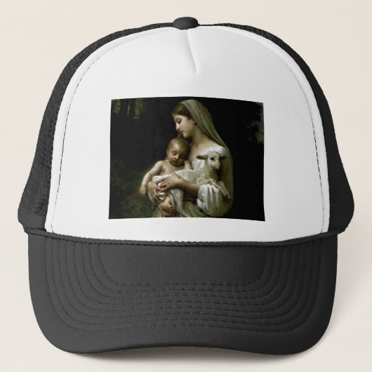 Gezegende Maagd Maria Holding Kind Jezus en Lam Trucker Pet (Voorkant)