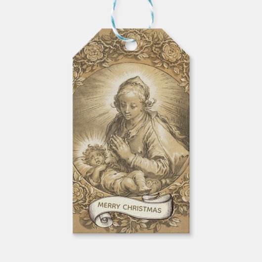 Gezegende Maagd Maria Jesus Kerst Vintage Cadeaulabel (Voorkant)