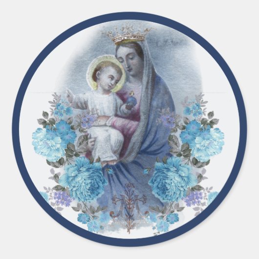 Gezegende Maagd Maria Jezus Katholiek Blauw Bloeme Ronde Sticker (Voorkant)