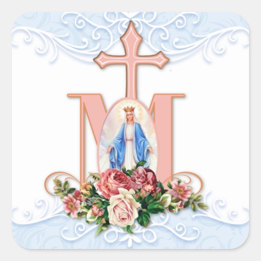 Gezegende Maagd Maria Katholieke Rozen Religieuze Vierkante Sticker (Voorkant)