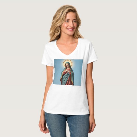 Gezegende Maagd Maria Vrouwen V Hals Tee Shirt (Voorkant volledig)