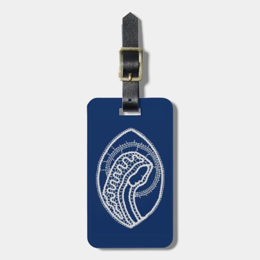 Gezegende Maagd Maria, witte kant, marineblauw Bagagelabel (Voorkant verticaal)