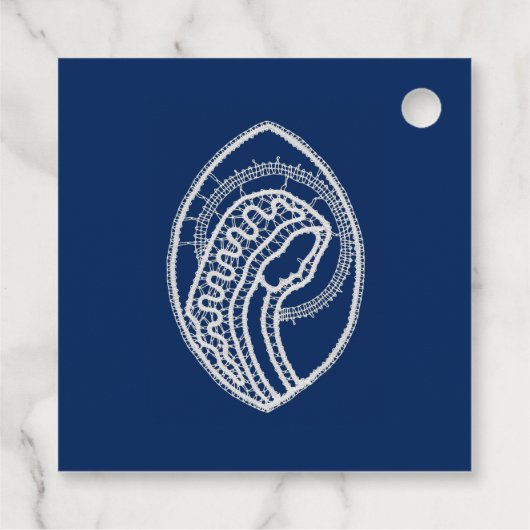 Gezegende Maagd Maria, witte kant, marineblauw Bedankjes Labels (Achterkant)