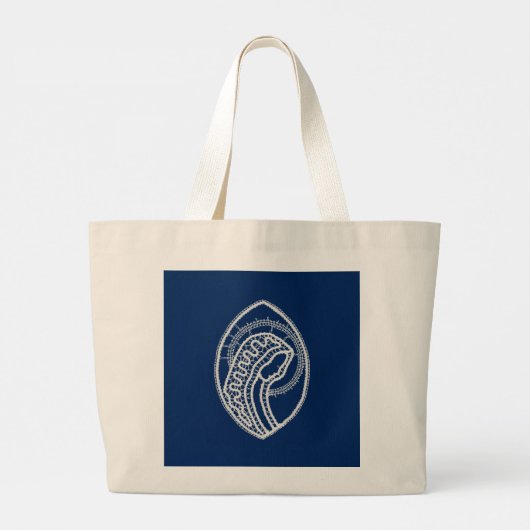 Gezegende Maagd Maria, witte kant, marineblauw Grote Tote Bag (Achterkant)