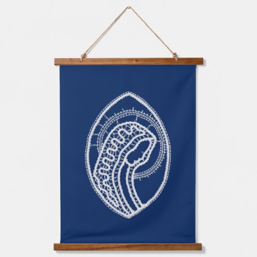 Gezegende Maagd Maria, witte kant, marineblauw Hangend Wandkleed (Voorkant)