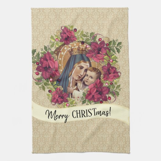 Gezegende Maagd Mary Jesus KerstFloral Theedoek (Verticaal)