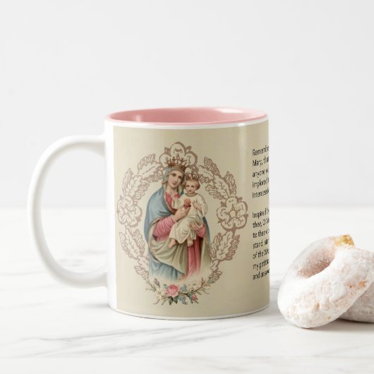 Gezegende Maagd Mary Jesus Memorare Prayer Tweekleurige Koffiemok (Met donut)