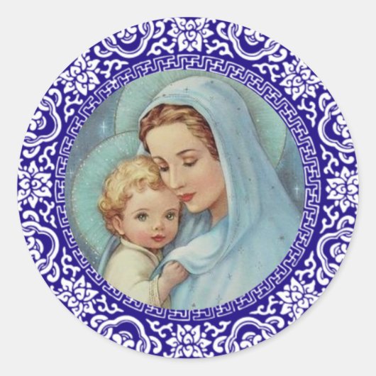 Gezegende Maagd Moeder Maria Baby Jezus Blauwe Ran Ronde Sticker (Voorkant)