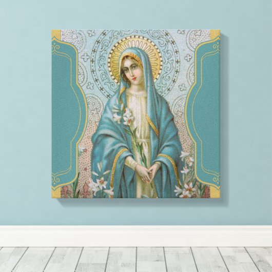 Gezegende Maagd Moeder Maria met Lelies Canvas Afdruk (Insitu (Houten vloer))