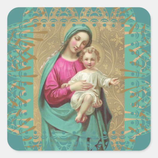 Gezegende Moeder Baby Jesus Decoratieve Kant Rand Vierkante Sticker (Voorkant)