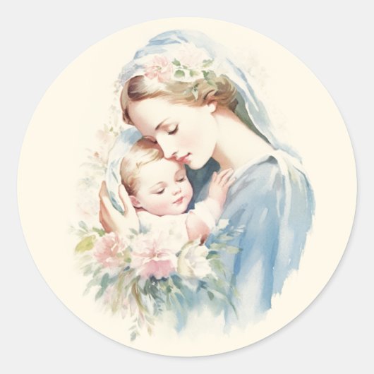 Gezegende Moeder Maria Baby Jesus Religious Pastel Ronde Sticker (Voorkant)