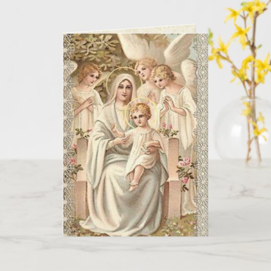 Gezegende Moeder met Baby Jezus Verjaardagsengelen Kaart (Gele Bloem)