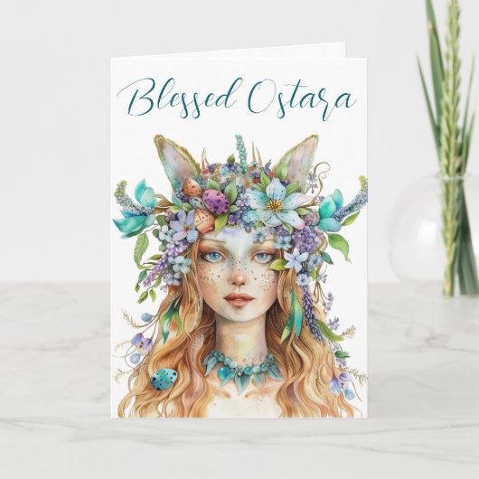 Gezegende Ostara Eostre Spring Equinox Blauwgroen Feestdagen Kaart (Voorkant)