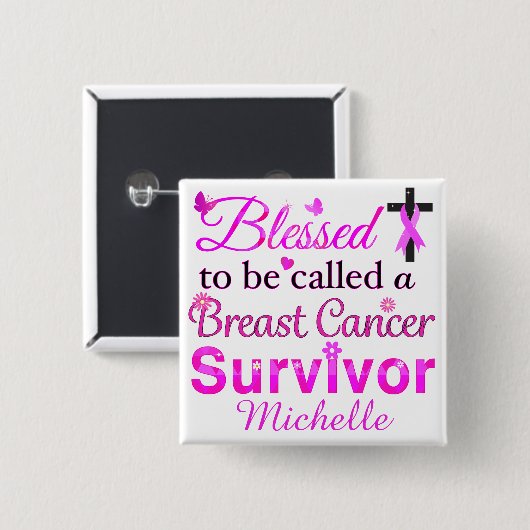 Gezegende overlevende borstkanker vierkante button 5,1 cm (Voorkant /achterkant)