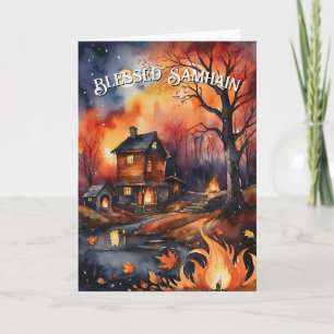 Gezegende Samhain Herfst Vuur Bos Bladeren Zonsond Kaart