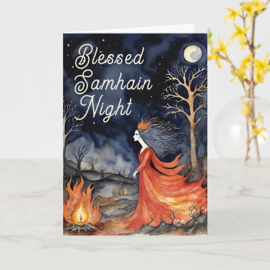 Gezegende Samhain Night Halloween Fire Queen Kaart (Gele Bloem)