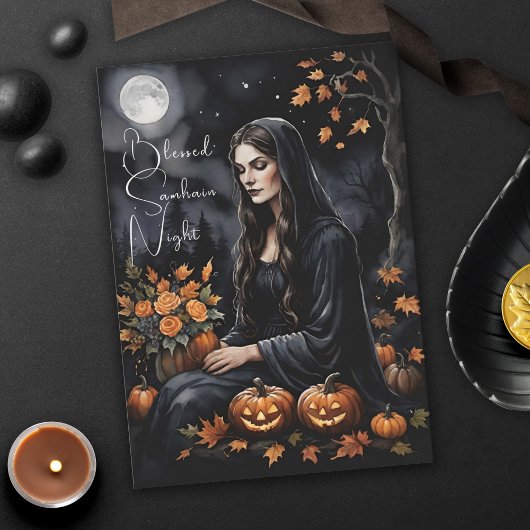 Gezegende Samhain Night Halloween Herfst Heks Kaart