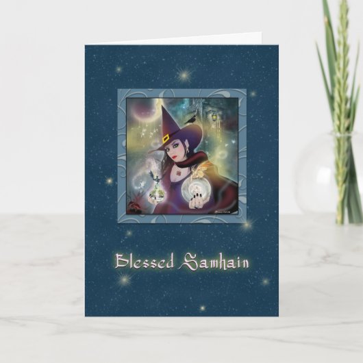 Gezegende Samhain - Witch Blue Sparkle Kaart (Voorkant)