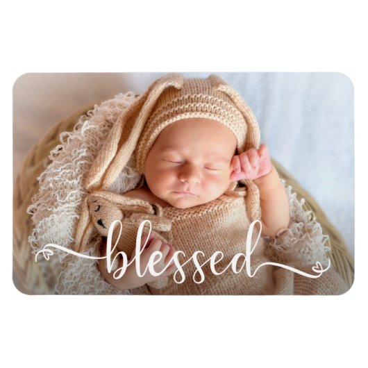 Gezegende Script Baby Foto Magneet (Horizontaal)