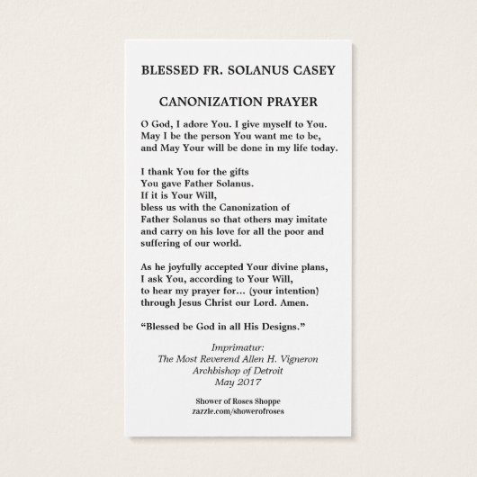 Gezegende Solanus Casey Katholieke Religieuze Heil Visitekaartje (Achterkant)