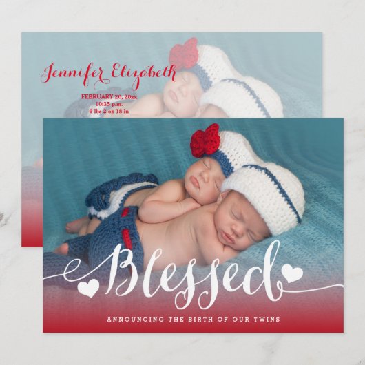 gezegende tweeling | Geboorteaankondiging rode Val Feestdagenkaart (Voorkant / Achterkant)
