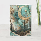 Gezegende Yule Winter Solstice Blauwgroen Bos Maan Feestdagen Kaart (Voorkant)