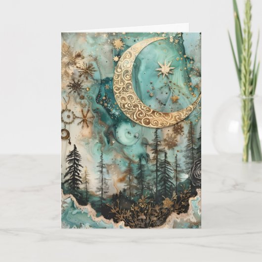 Gezegende Yule Winter Solstice Blauwgroen Bos Maan Feestdagen Kaart (Voorkant)