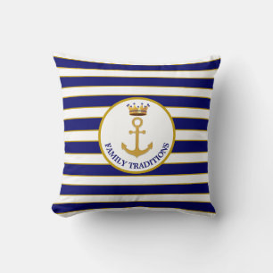 Gezelfamilieanker & kroon op marineblauw en wit ge kussen