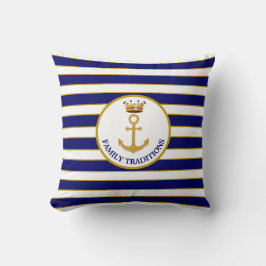 Gezelfamilieanker & kroon op navyblauw en wit gest kussen