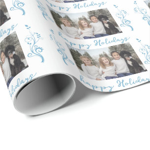 Gezelfoto Blauwe Bladgroente Kerst Gelukkig Feest Cadeaupapier