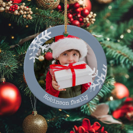 Gezelfoto Stofblauw Rustieke Sneeuwvlok Familie Keramisch Ornament