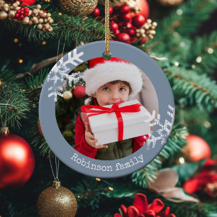 Gezelfoto Stofblauw Rustieke Sneeuwvlok Familie Keramisch Ornament