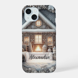 Gezellig besneeuwd huis, bank, deken, cadeaus, sne iPhone 15 case
