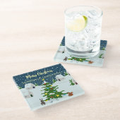 Gezellig besneeuwd Retro Kerstdorp Glazen Onderzetter (Schuin)