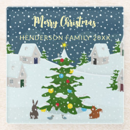 Gezellig besneeuwd Retro Kerstdorp Glazen Onderzetter