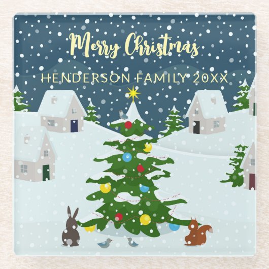 Gezellig besneeuwd Retro Kerstdorp Glazen Onderzetter (Voorkant)