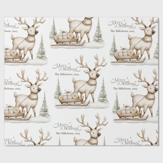 Gezellig blauw rustiek kerstrendier cadeaupapier (Vlak)