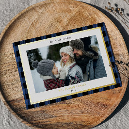 Gezellig Blauw Zwart Plaid Border 3 Foto's Kerstmi Folie Feestdagenkaart