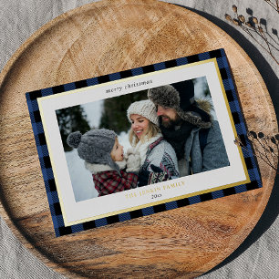 Gezellig Blauw Zwart Plaid Border 3 Foto's Kerstmi Folie Feestdagenkaart