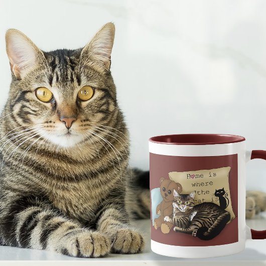 Gezellig bordeauxrode tabby kat thuis mok