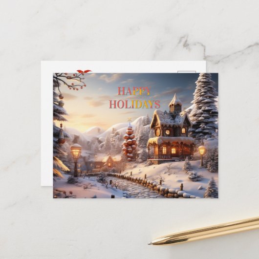 Gezellig Dorp bij Kerstmisillustratie Feestdagenkaart (Voorkant / Achterkant in situ)